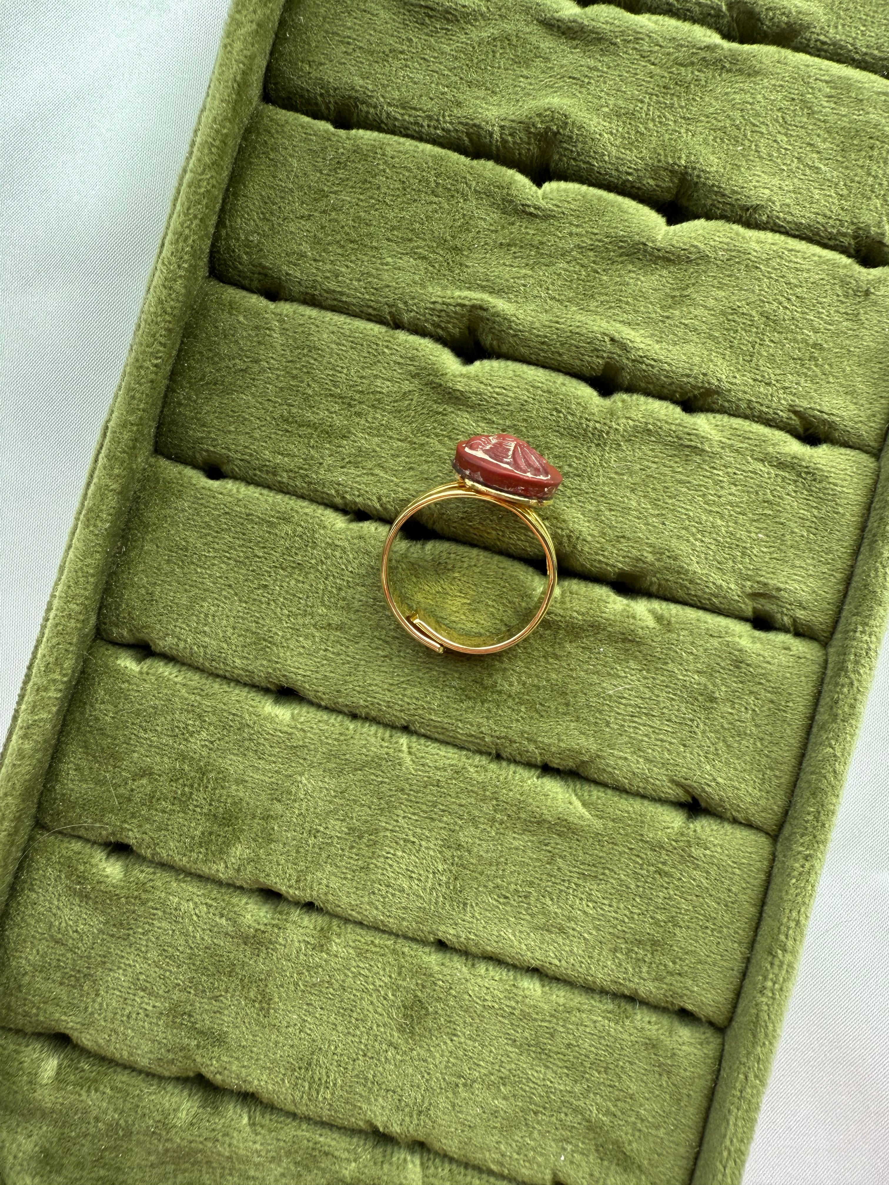 Gold Cameo Red Stone Ring Size 8.5 (Adjustable)