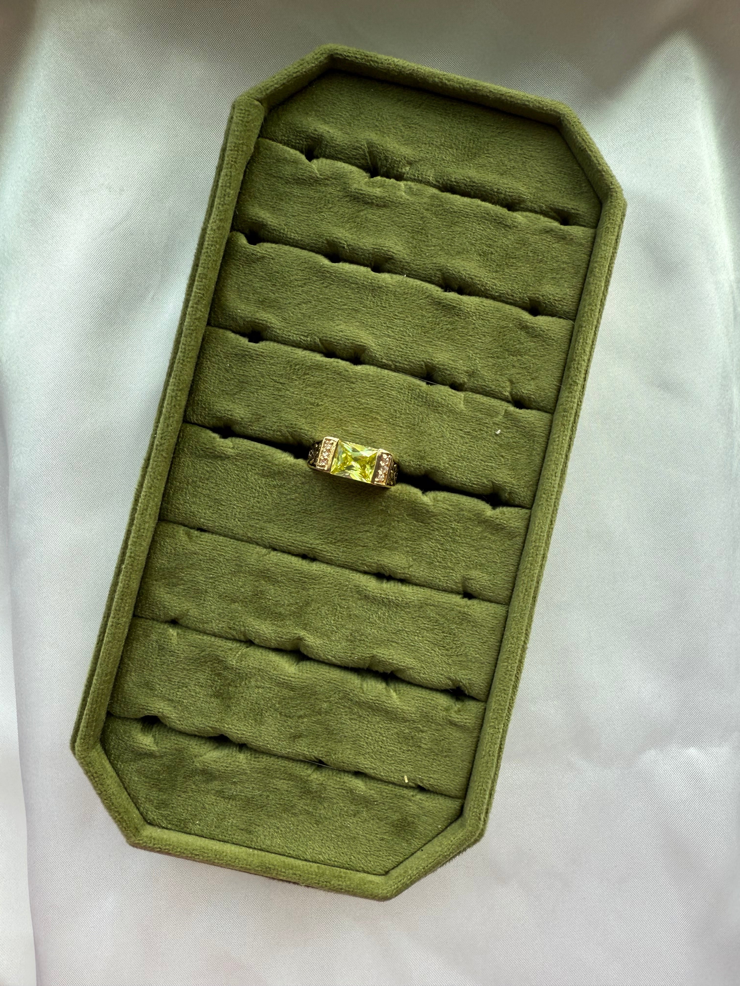 Gold Peridot Green Bar Engraved Ring Size 8