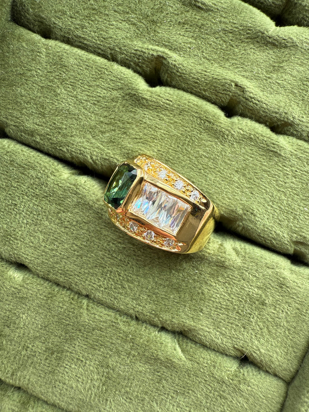Chunky Gold Emerald Baguette Ring Size 6