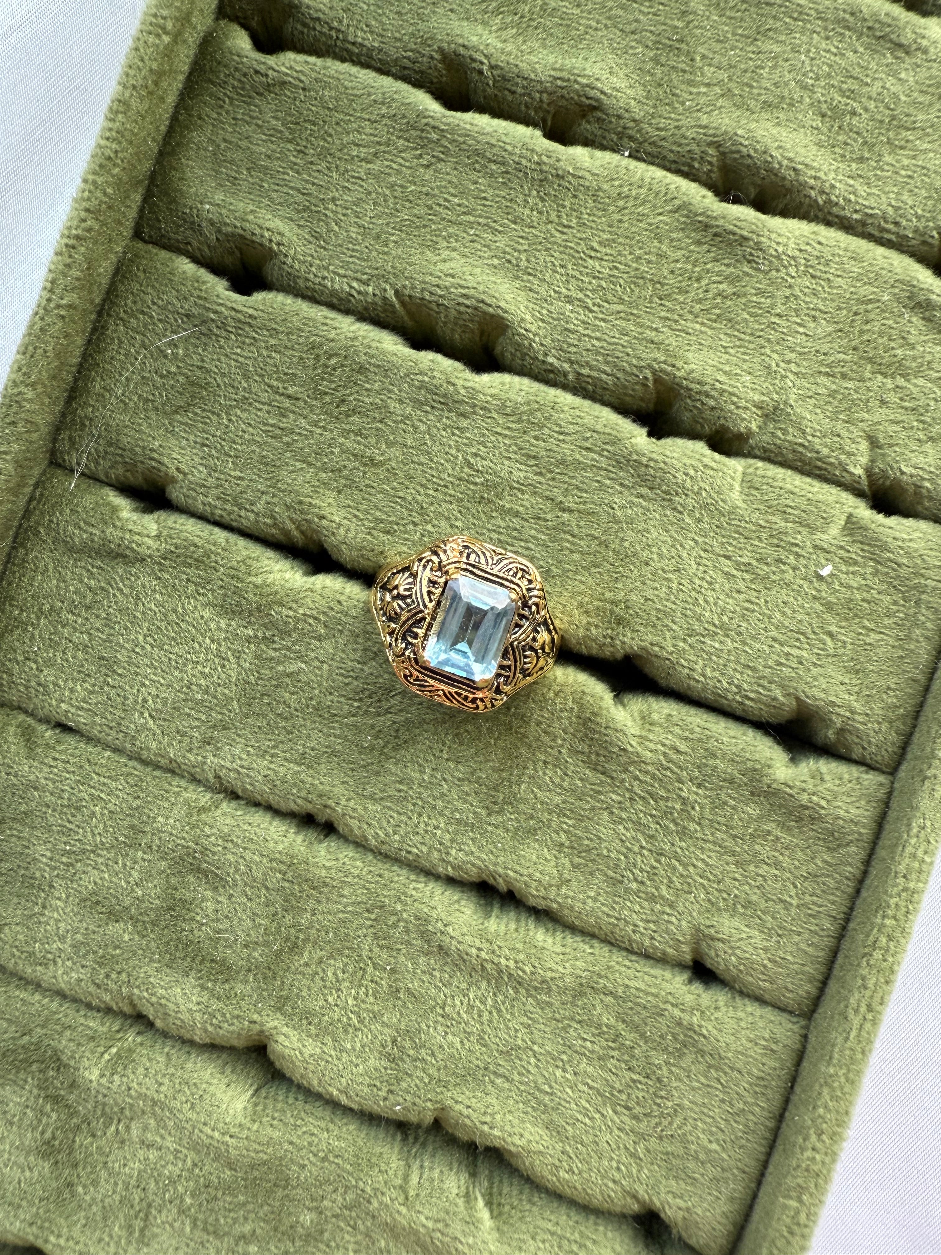 Gold Engraved Light Blue Ring Size 6