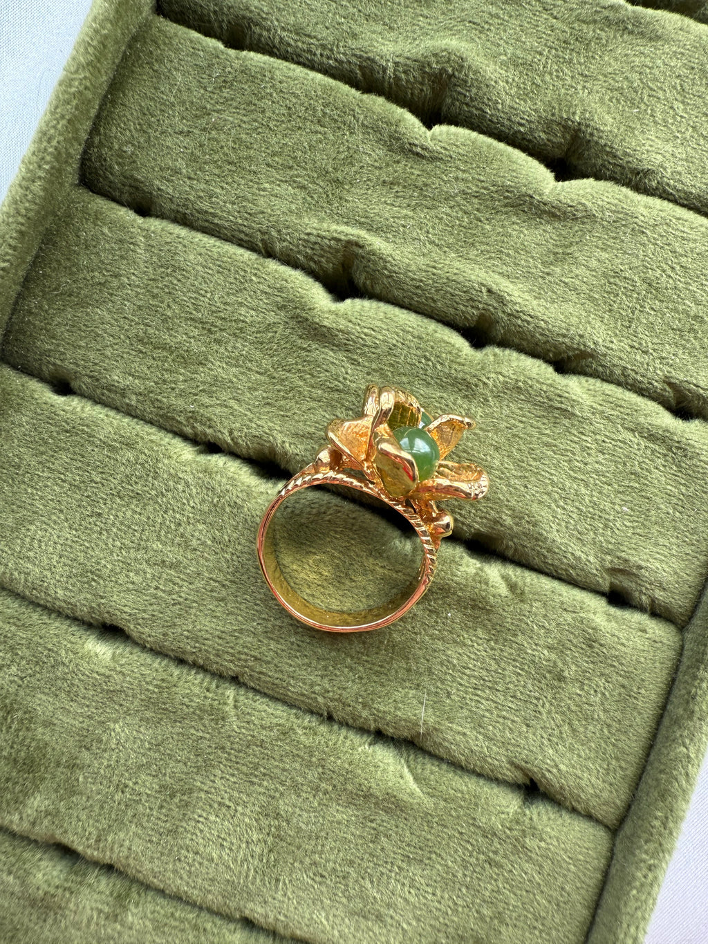 Gold Jade Flower Ring Size 7