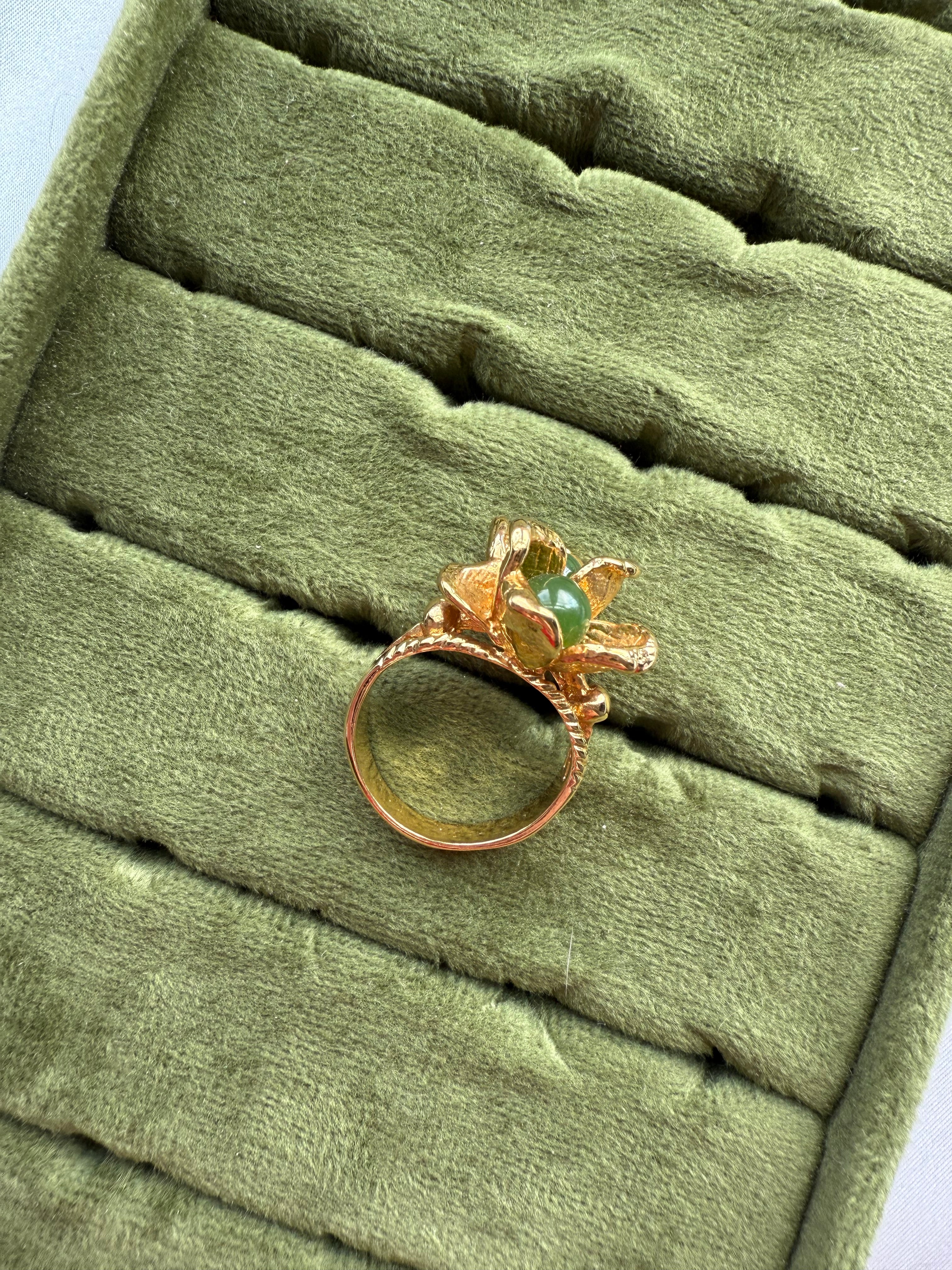 Gold Jade Flower Ring Size 7