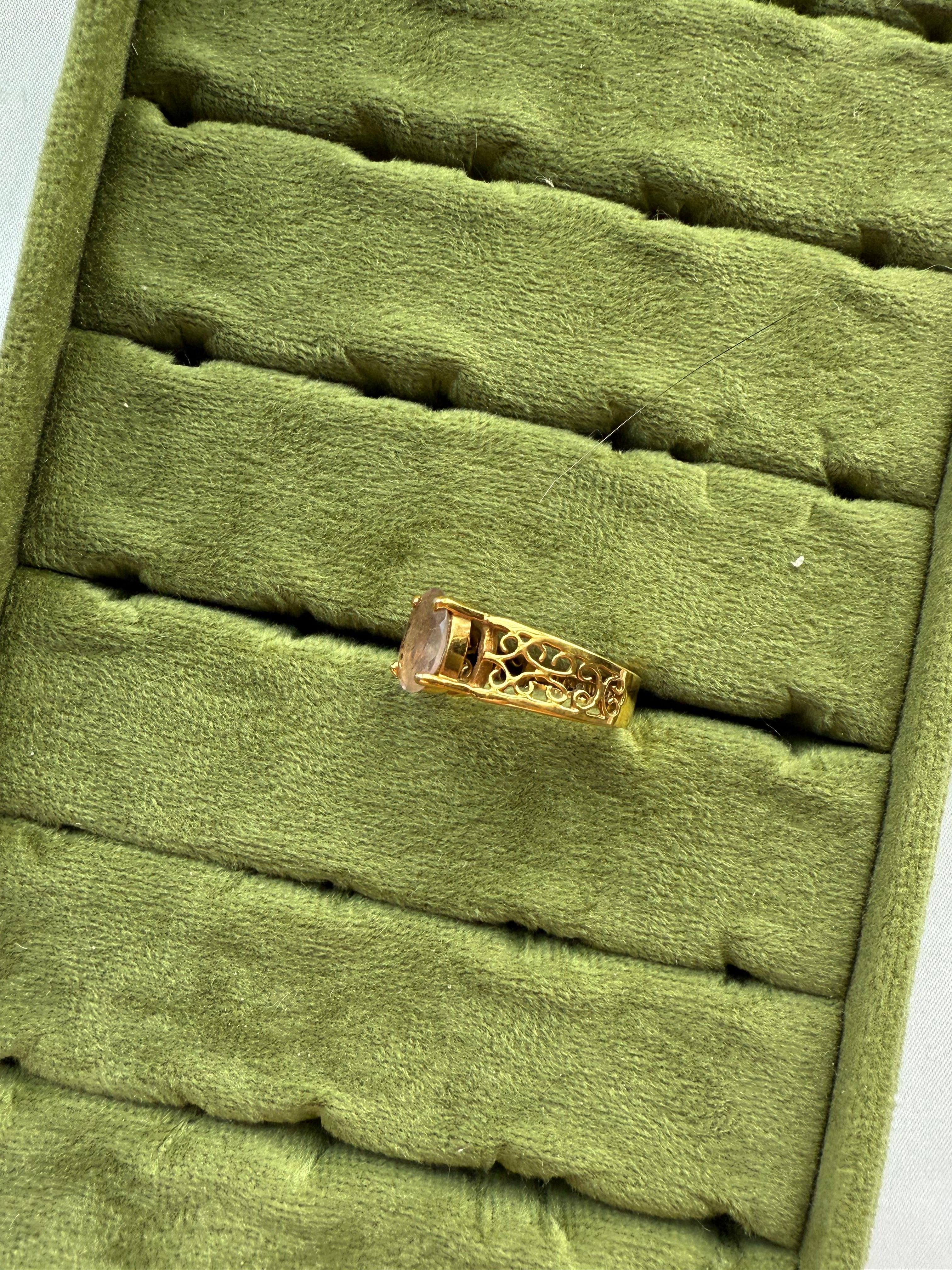 Gold Filigree Smoky Pink Ring Size 6