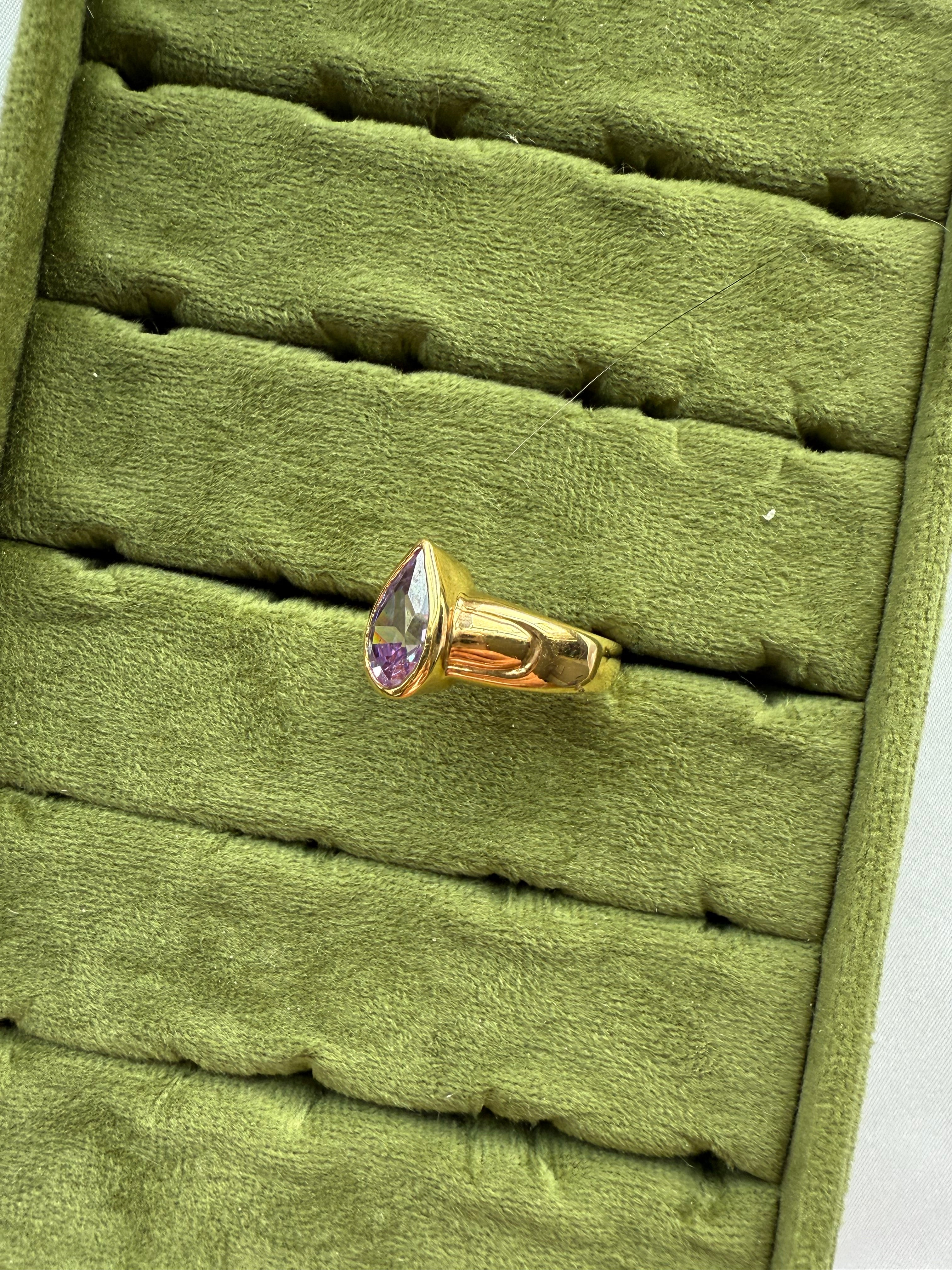 Gold Bezel Lilac Teardrop Ring Size 8