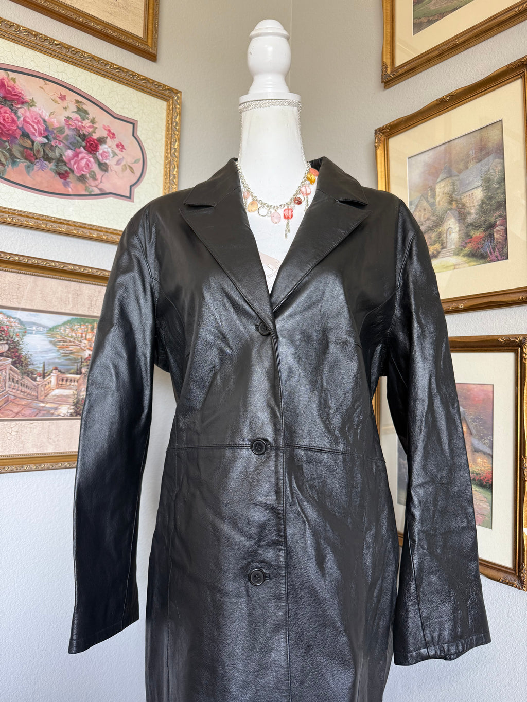 Vintage Black Leather Buttoned Trenchcoat