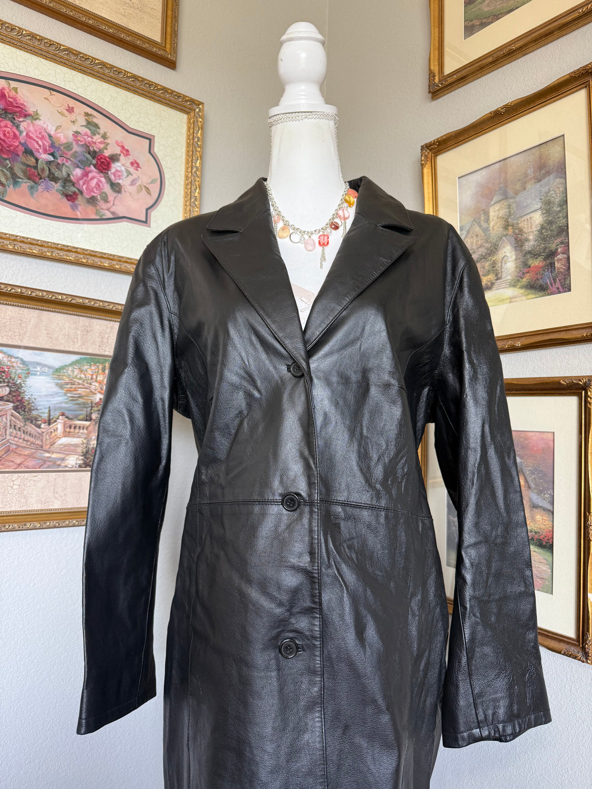 Vintage Black Leather Buttoned Trenchcoat
