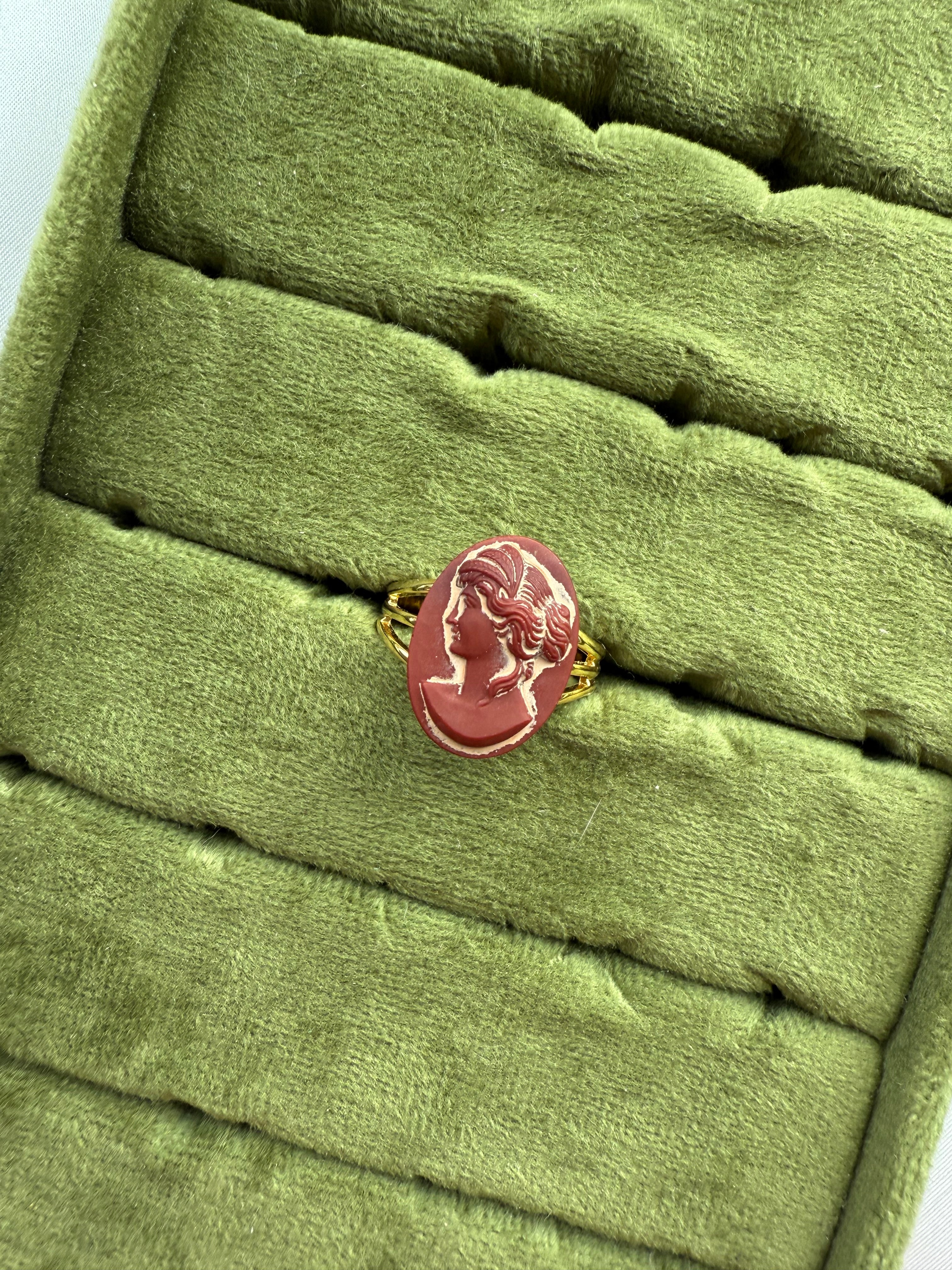 Gold Cameo Red Stone Ring Size 8.5 (Adjustable)