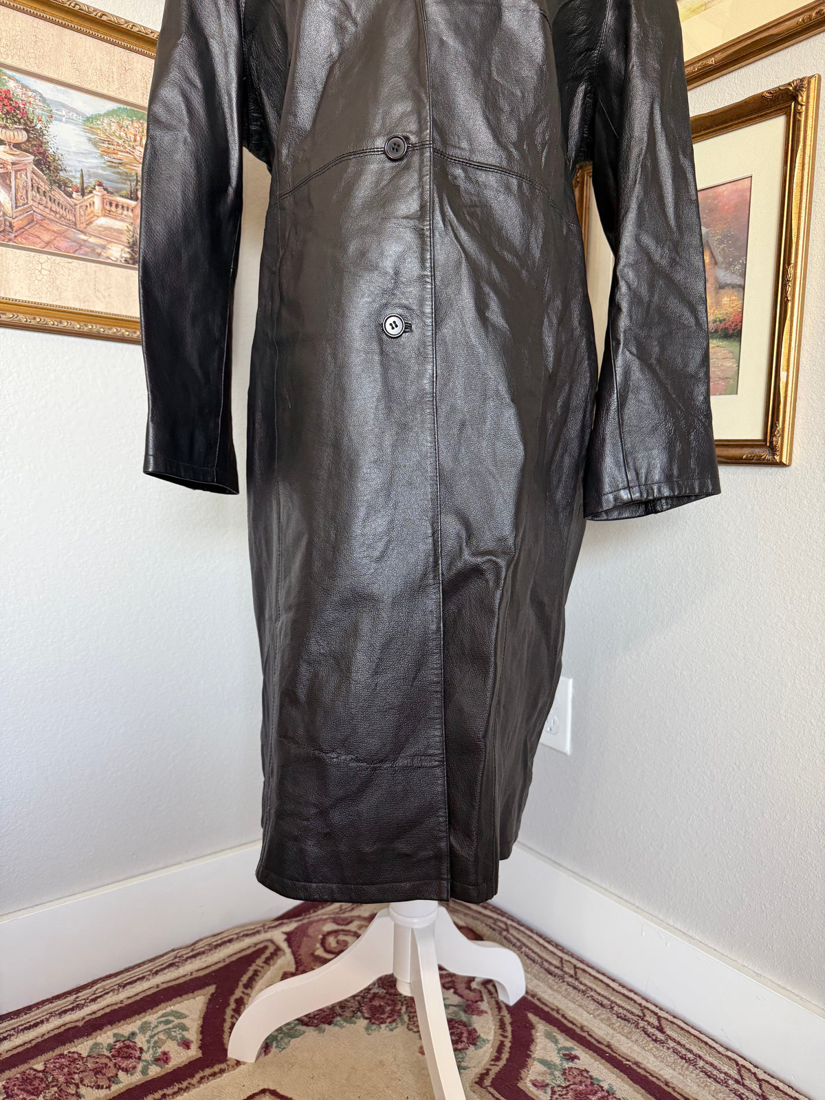 Vintage Black Leather Buttoned Trenchcoat