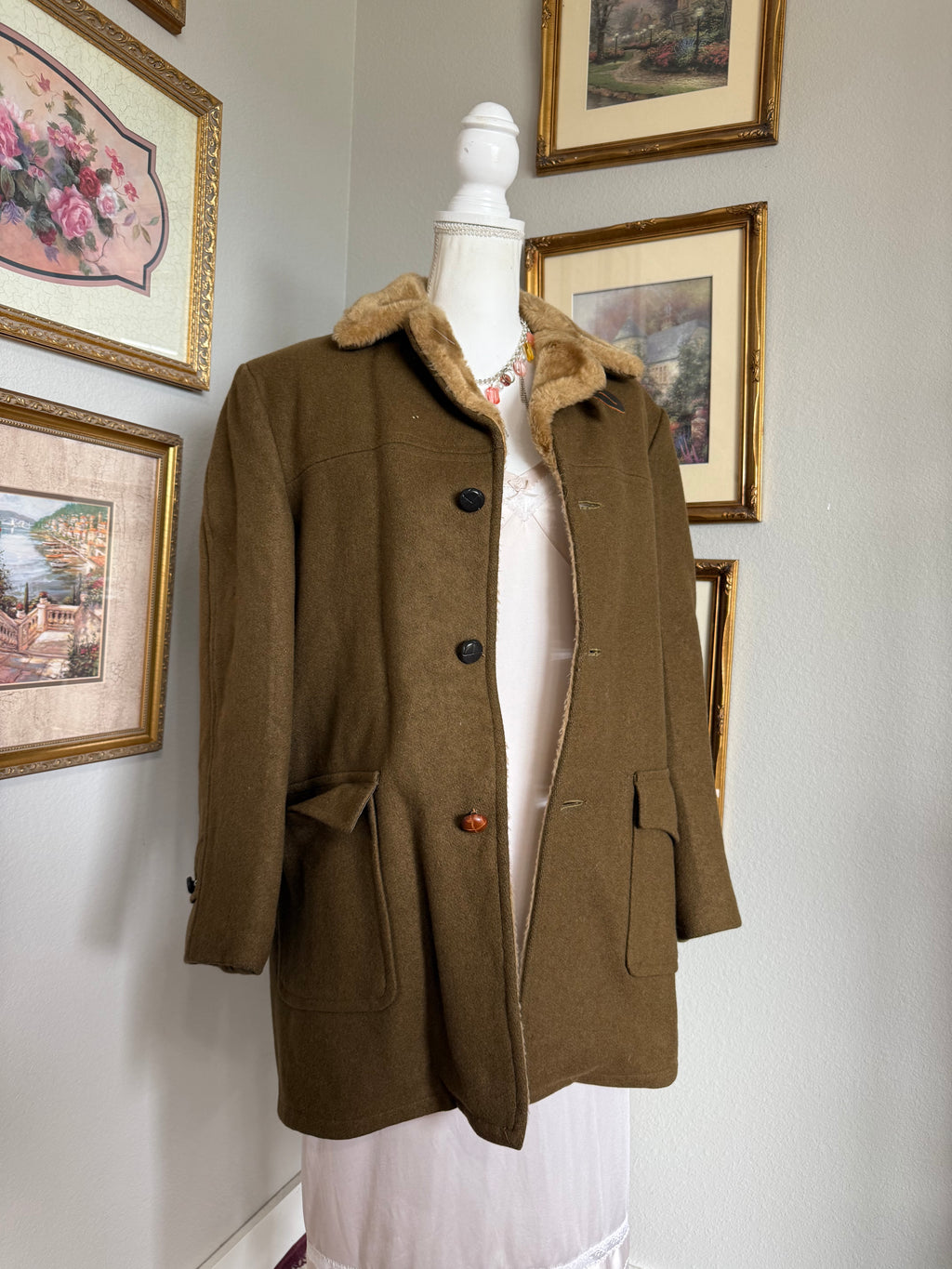 Vintage Wool Fur-Lined British 1970s Hunting Coat