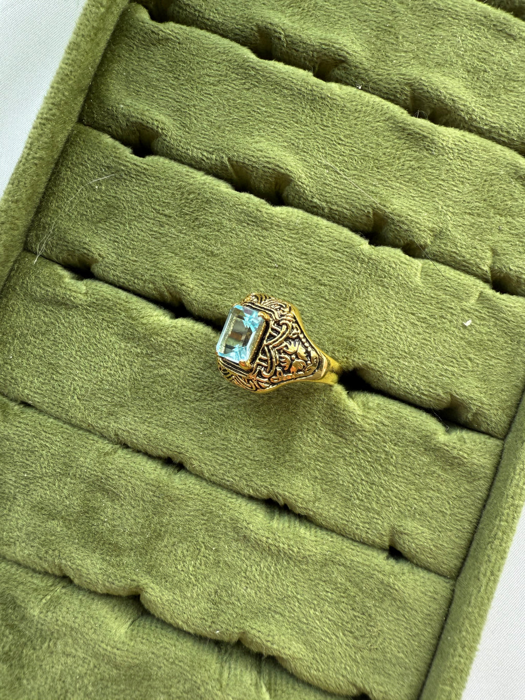 Gold Engraved Light Blue Ring Size 6