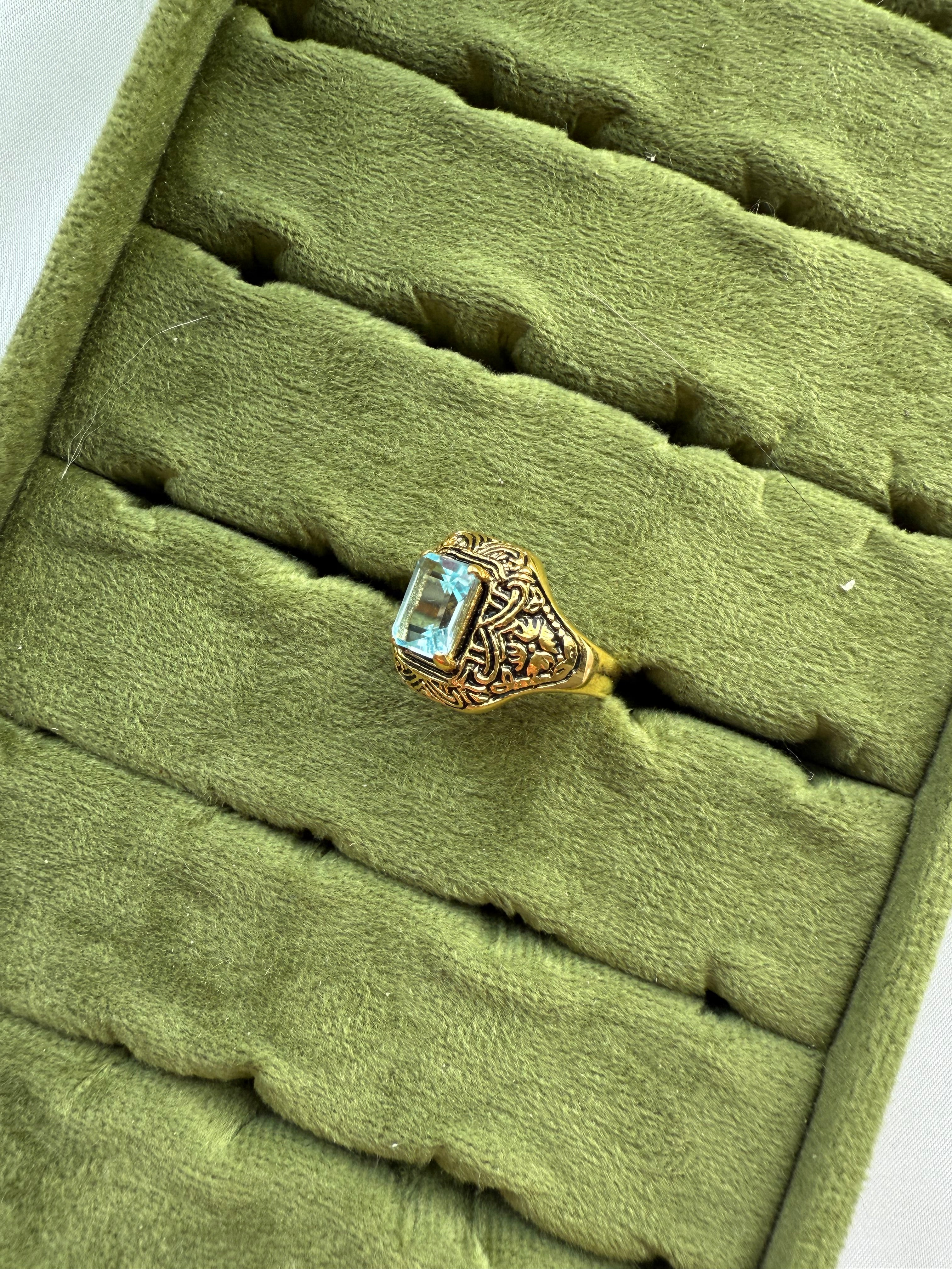 Gold Engraved Light Blue Ring Size 6