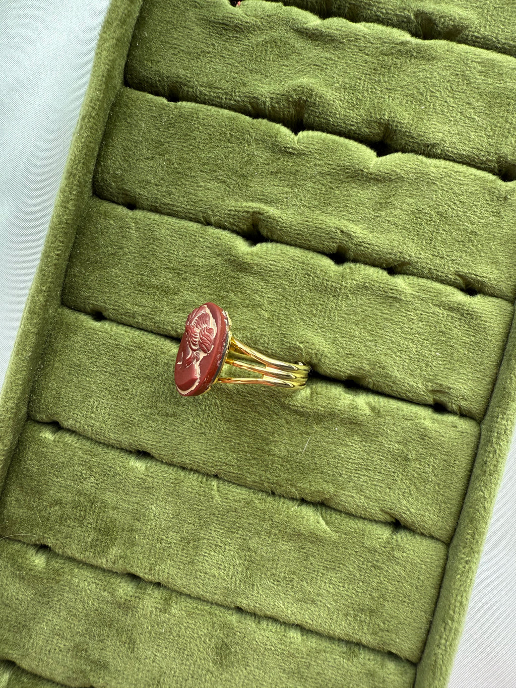 Gold Cameo Red Stone Ring Size 8.5 (Adjustable)