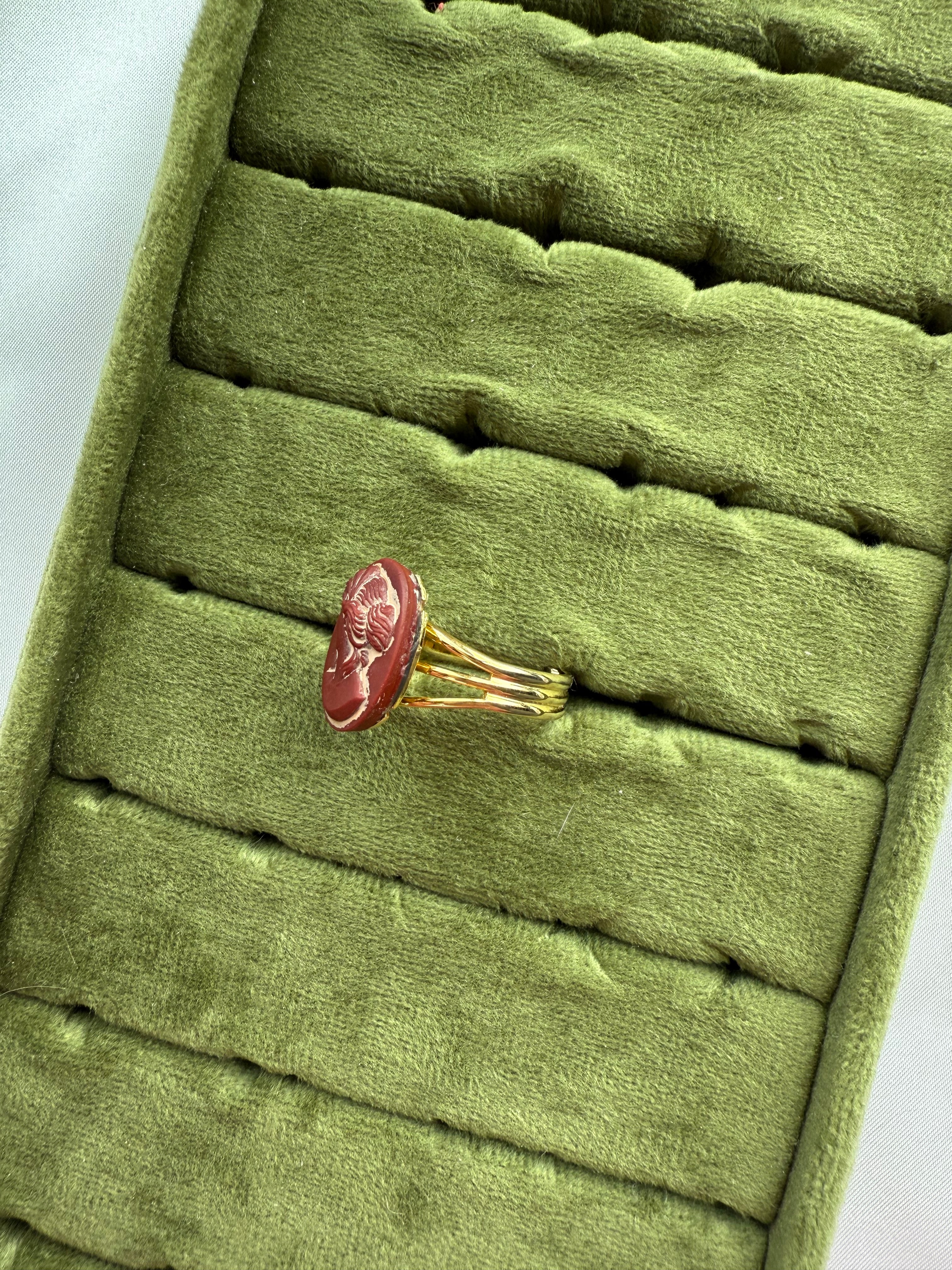 Gold Cameo Red Stone Ring Size 8.5 (Adjustable)