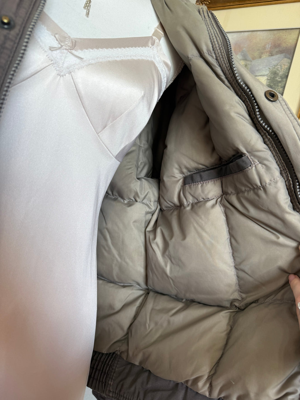 Vintage Mocha Brown & Beige Quilted Puffer Coat