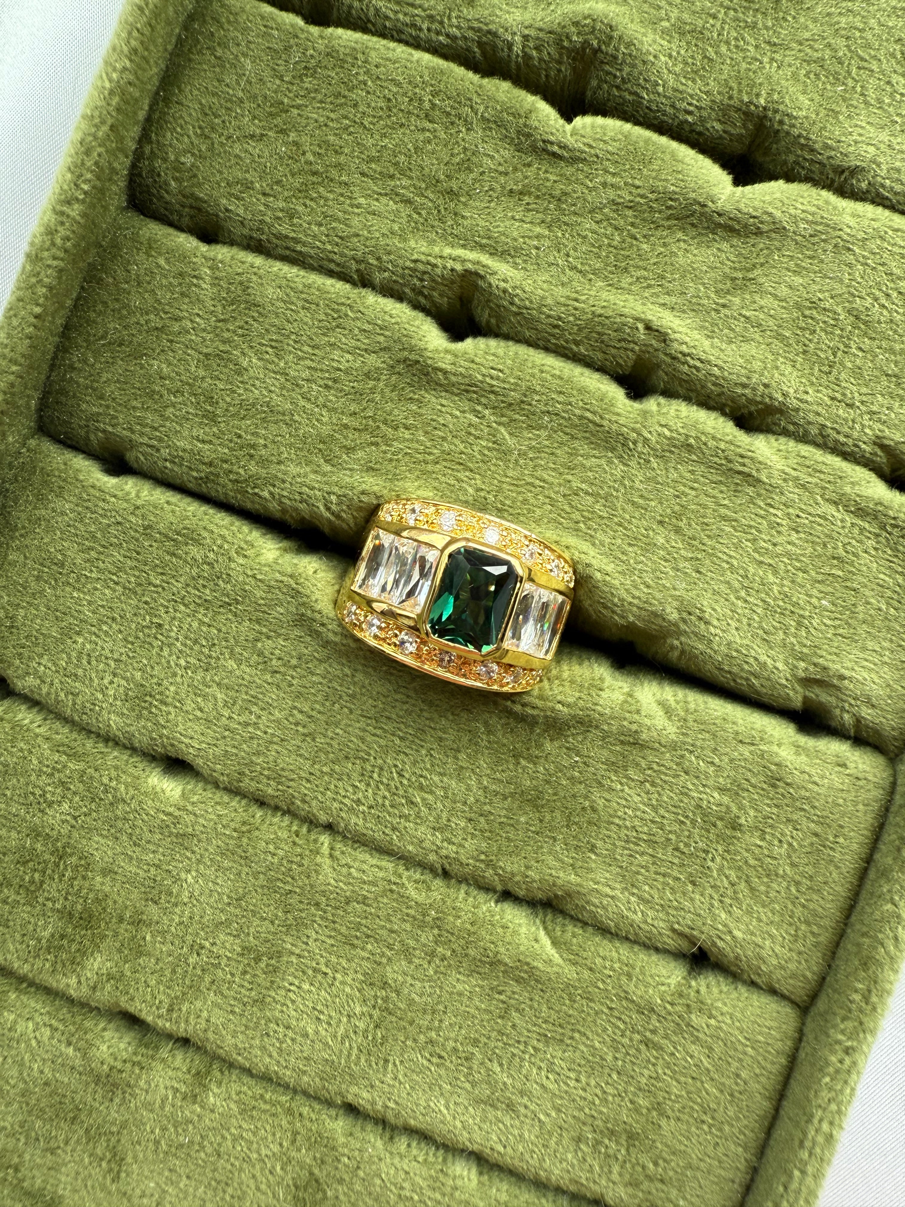 Chunky Gold Emerald Baguette Ring Size 6