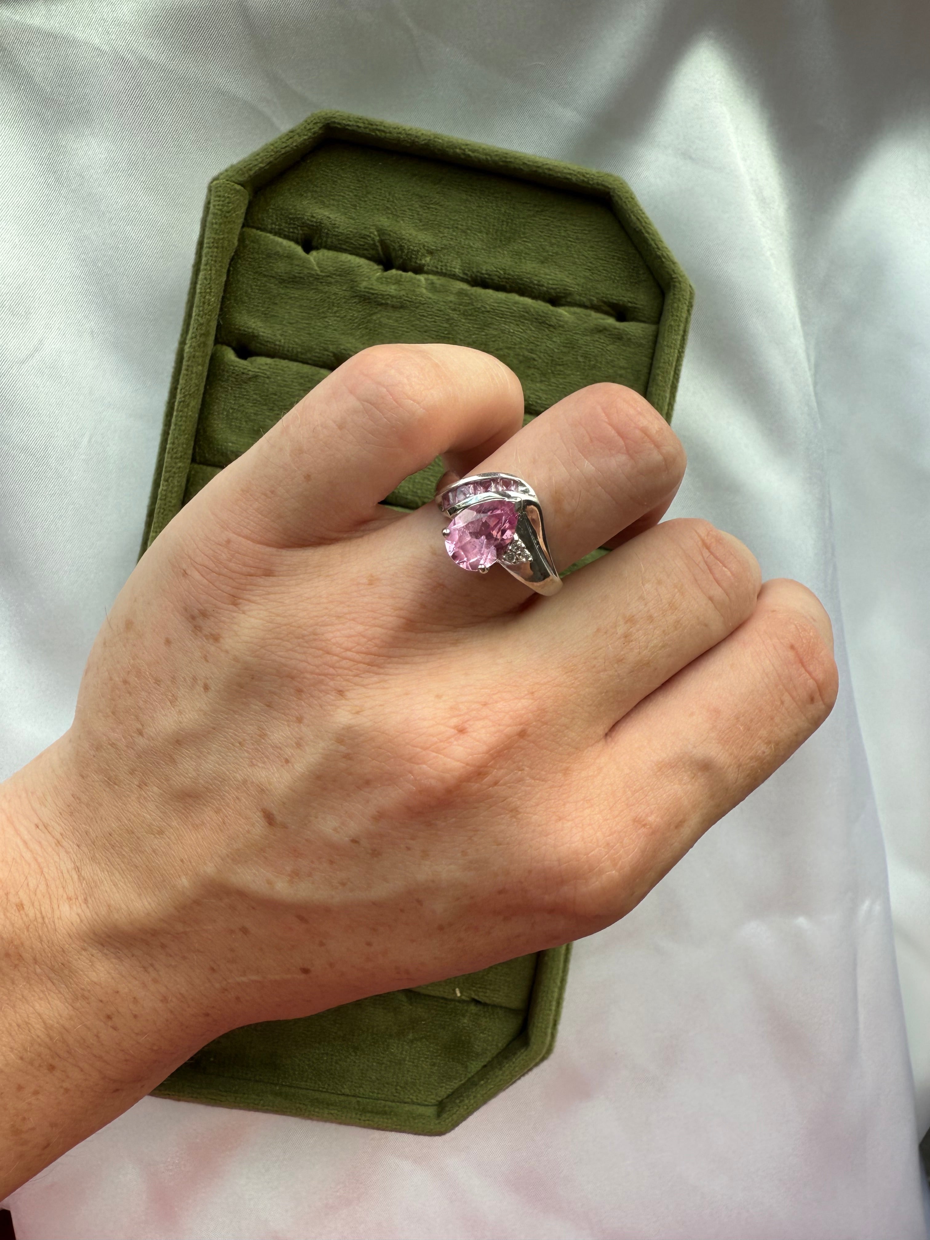 10k White Gold Pink Sapphire & Diamond Ring Sz 8