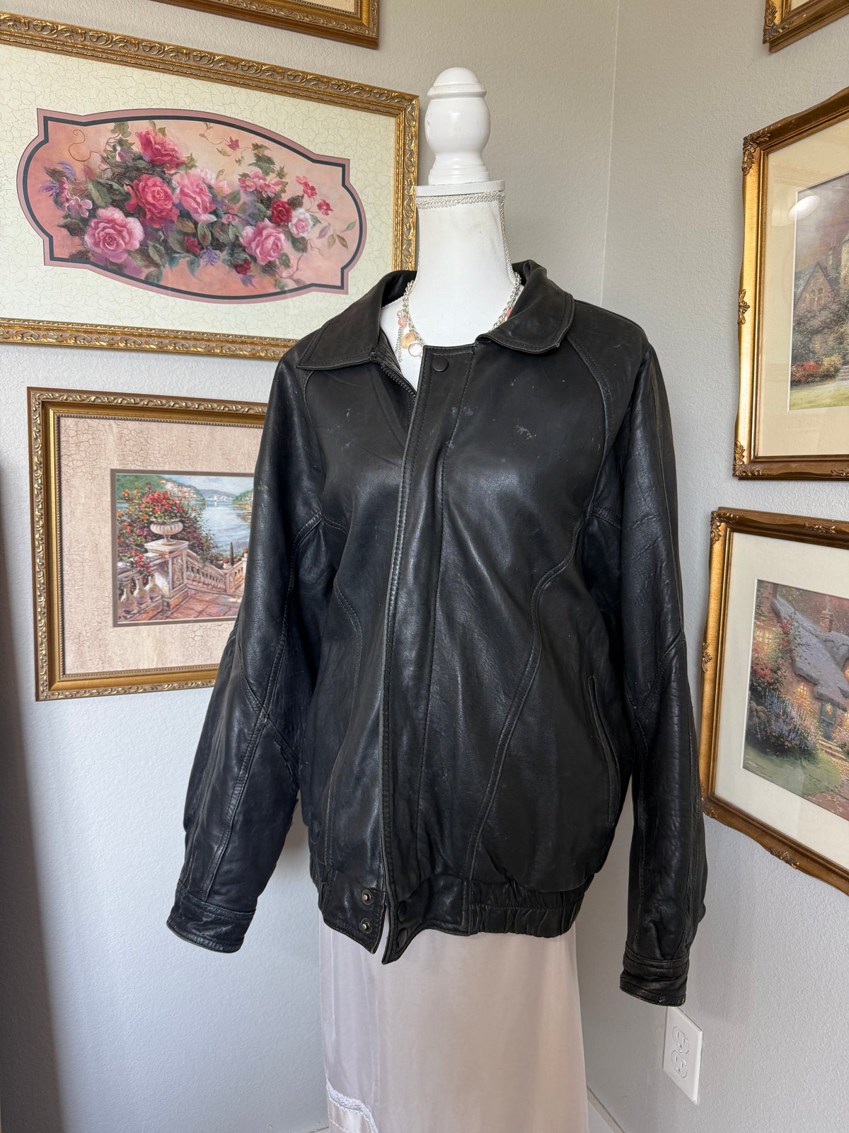 Vintage Black PACC Leather Bomber Jacket