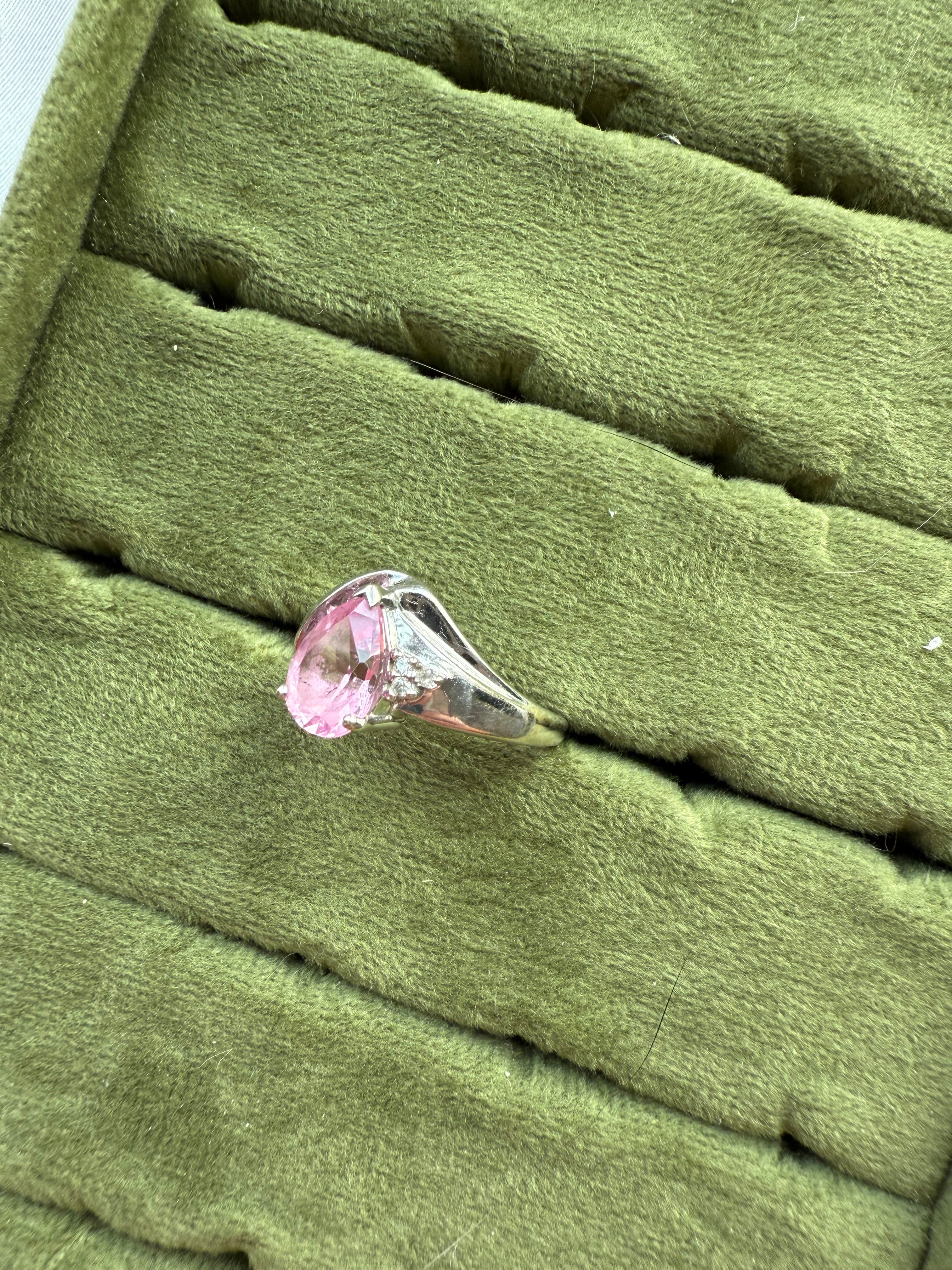 10k White Gold Pink Sapphire & Diamond Ring Sz 8