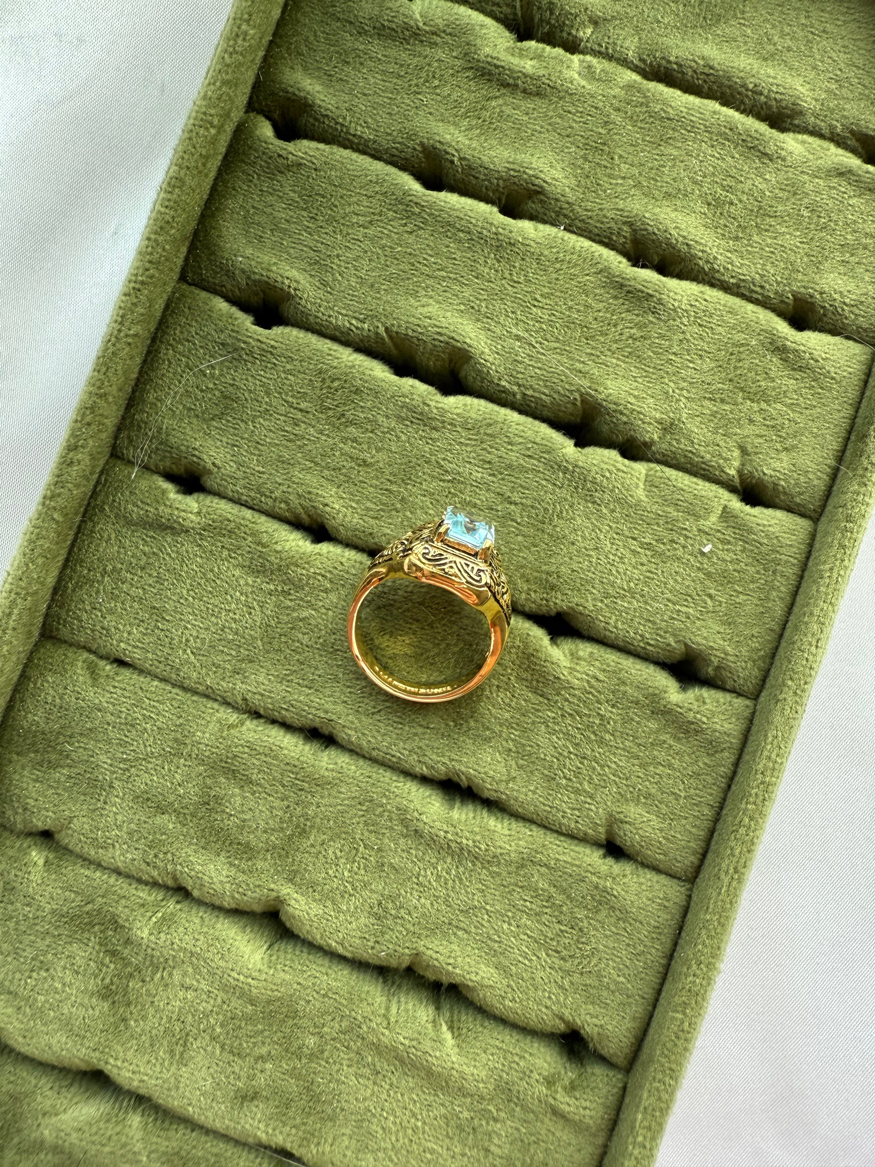 Gold Engraved Light Blue Ring Size 6