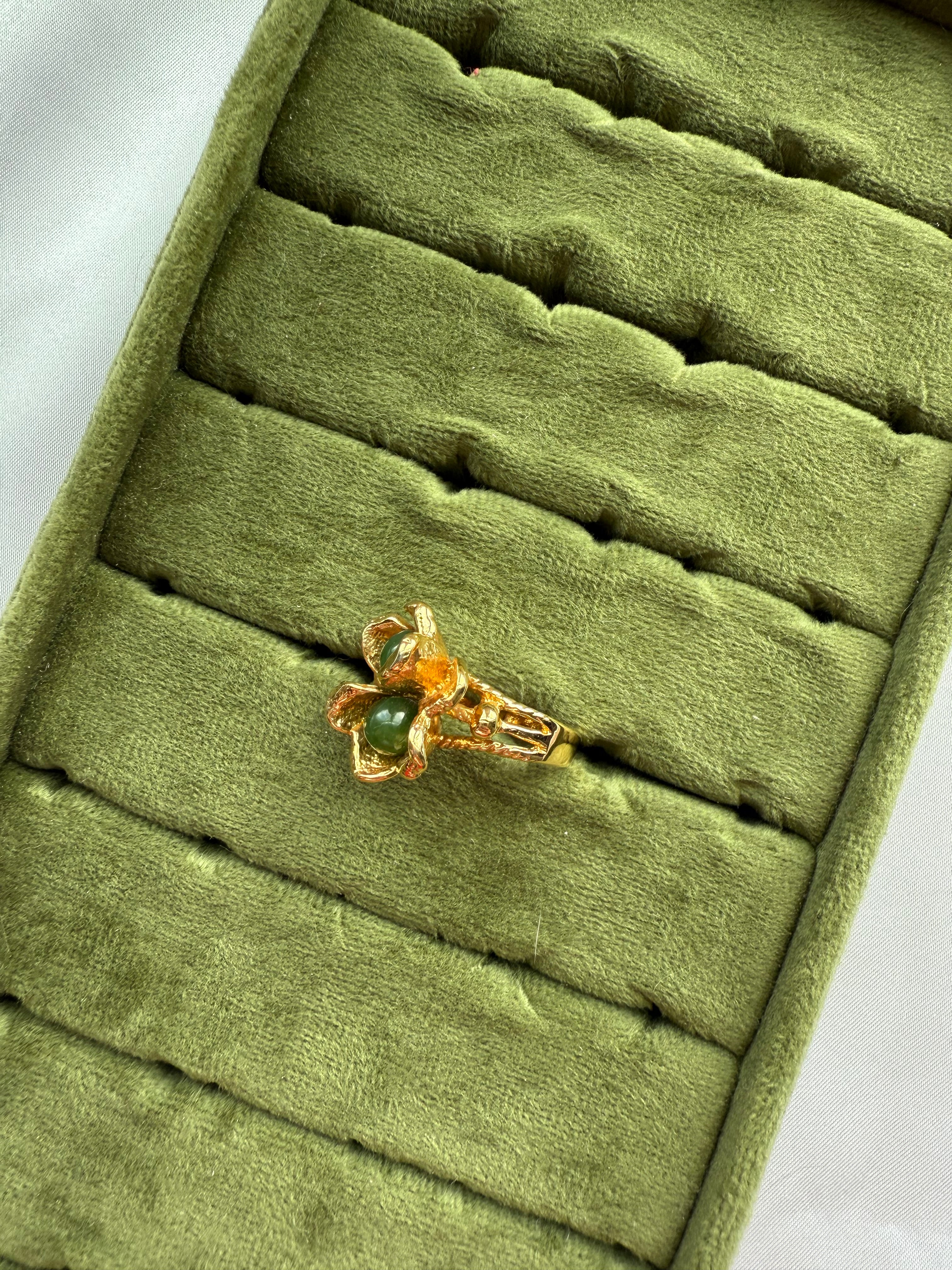 Gold Jade Flower Ring Size 7