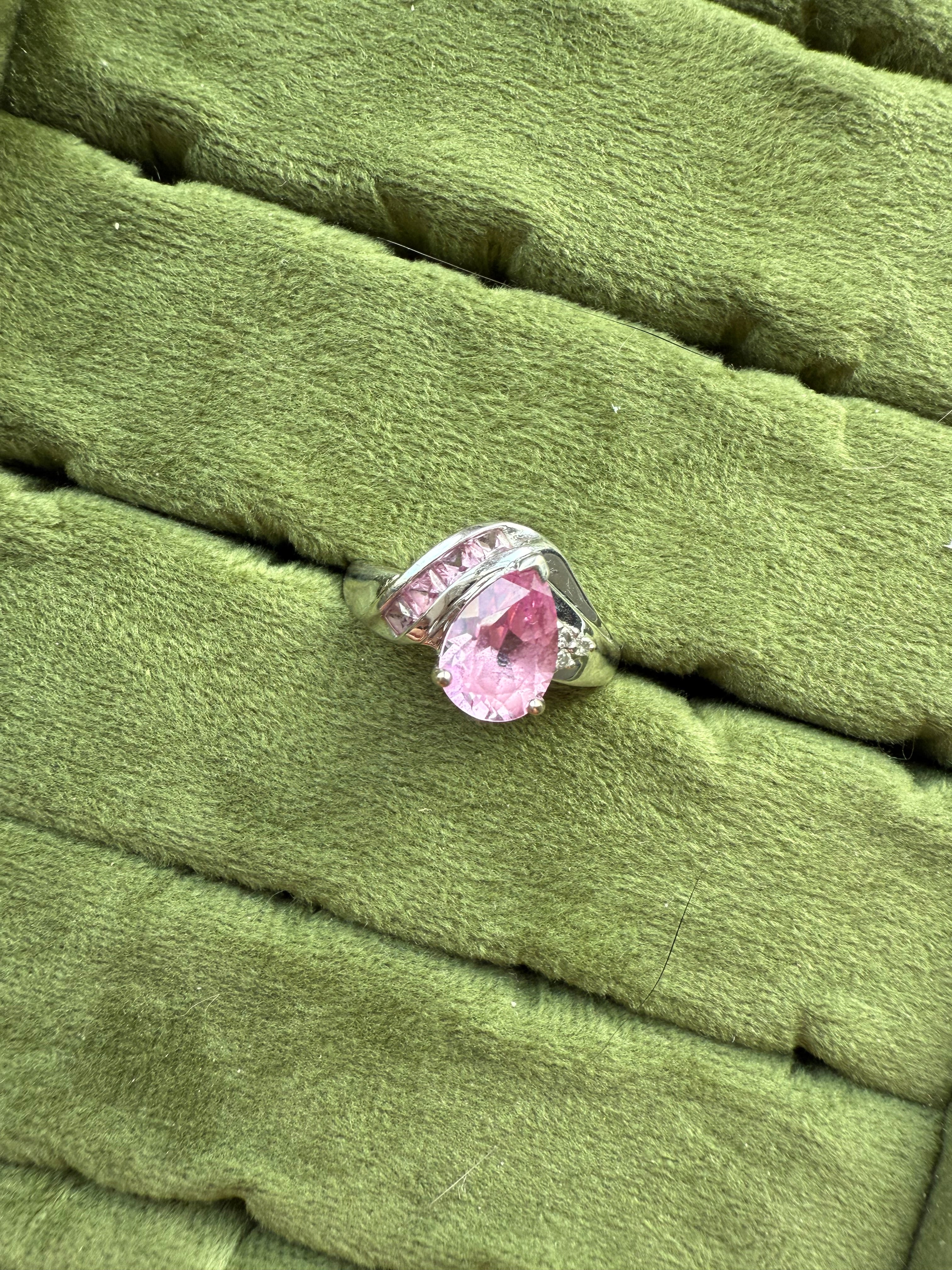 10k White Gold Pink Sapphire & Diamond Ring Sz 8