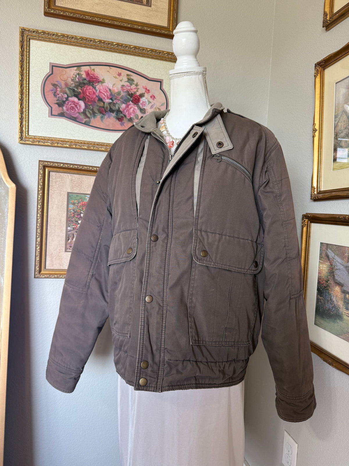 Vintage Mocha Brown & Beige Quilted Puffer Coat