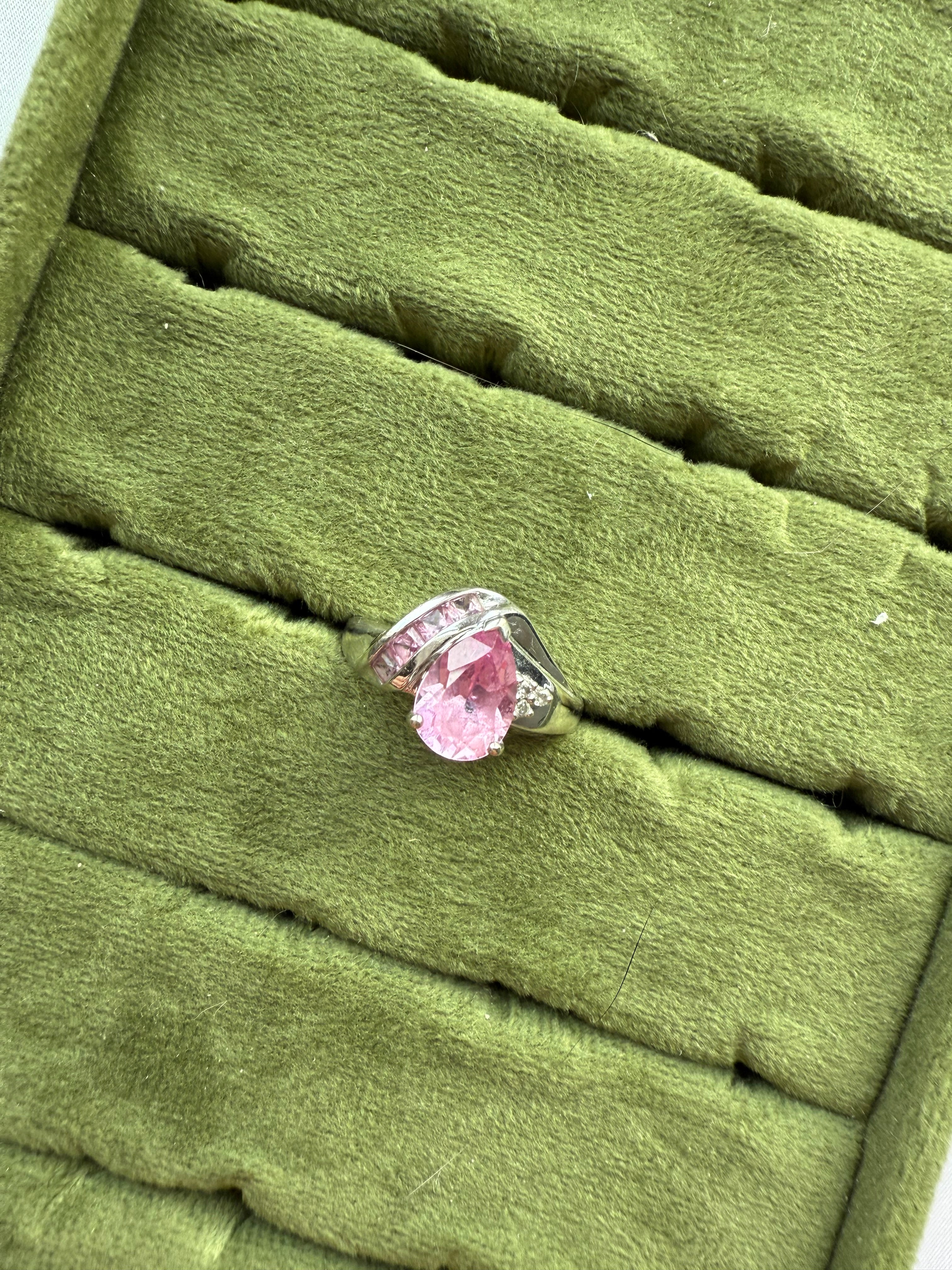 10k White Gold Pink Sapphire & Diamond Ring Sz 8