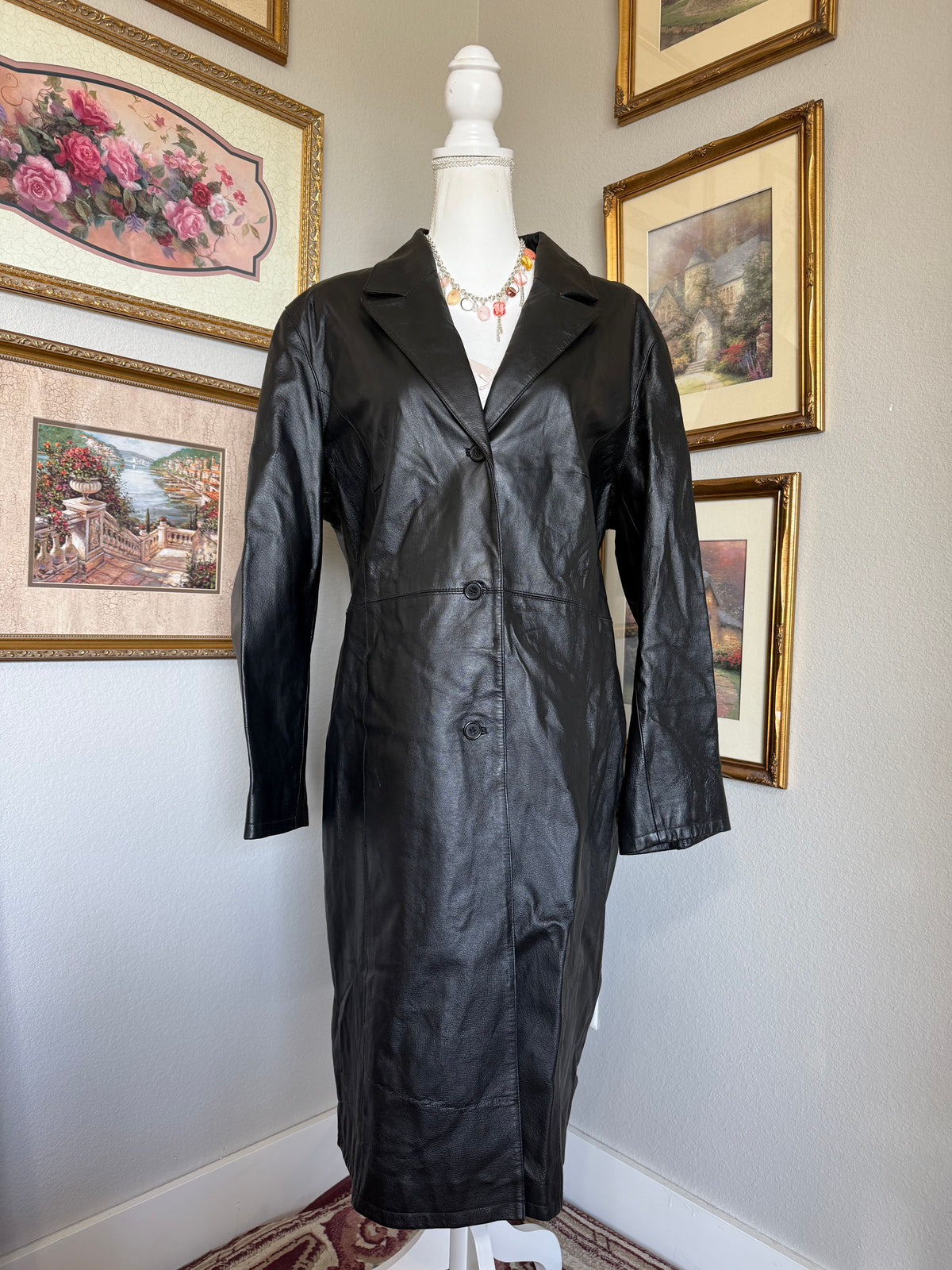 Vintage Black Leather Buttoned Trenchcoat